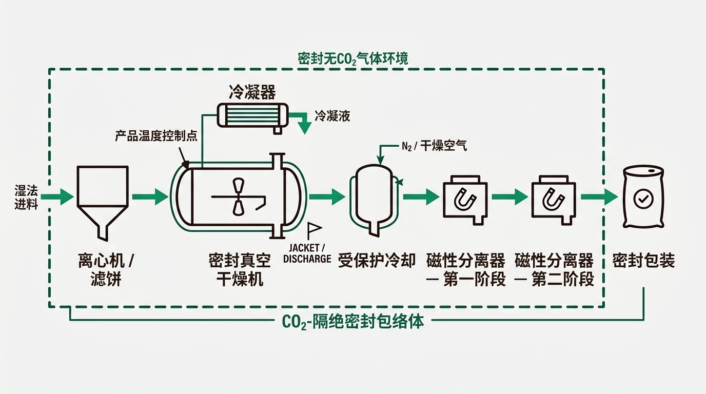 电池级氢氧化锂密封干燥工艺流程图，包含真空干燥机、保护性冷却、磁选分离及密封包装