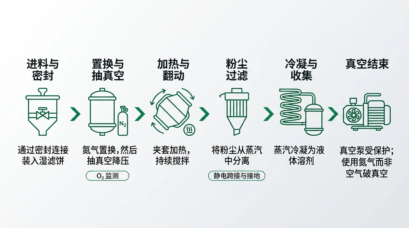 真空旋转干燥器闭环溶剂回收流程图，包含除尘过滤器、冷凝器、接收罐、真空泵及氮气吹扫系统