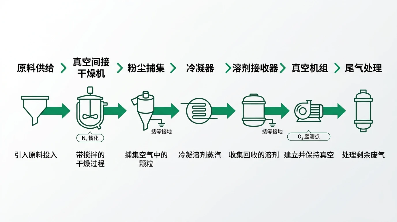 黑料真空干燥工艺流程图，包含粉尘捕集、溶剂冷凝、真空机组及尾气洗涤系统