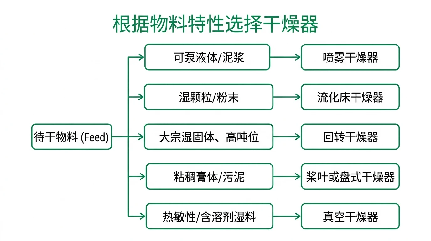 根据原料特性匹配工业干燥机类型的决策流程图
