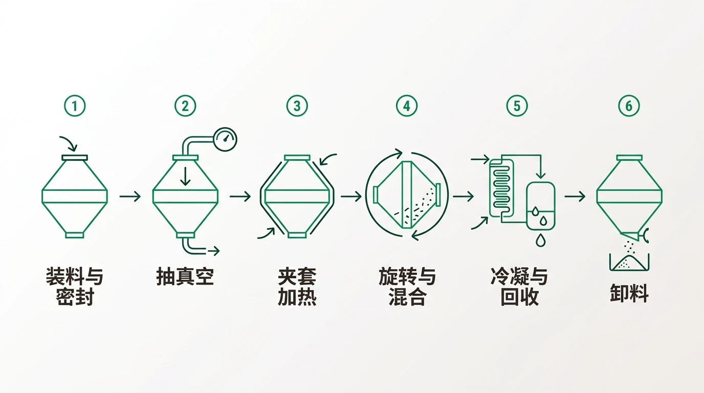 旋转锥形真空干燥机六步操作流程：装料密封、抽真空、夹套加热、旋转翻腾、蒸气冷凝回收、出料”