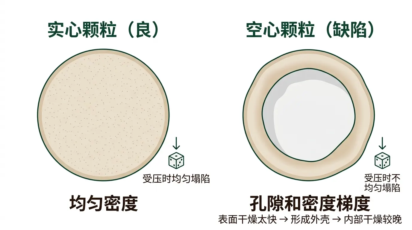 实心陶瓷颗粒受压时均匀塌陷，空心颗粒内部有空腔、受压时不均匀塌陷的对比图