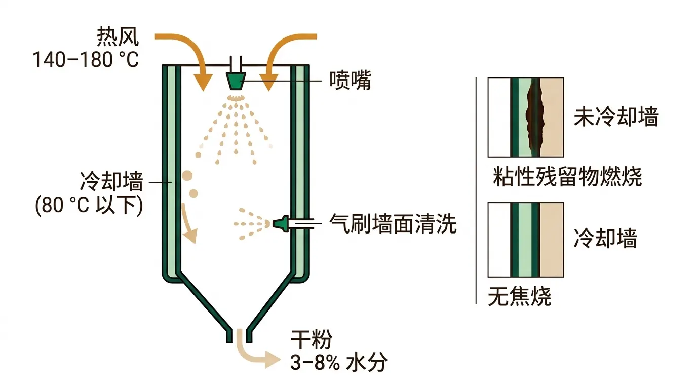 浸膏喷雾干燥机冷却塔壁、气刷壁面清洗以及冷却壁与未冷却壁对比的剖面示意图