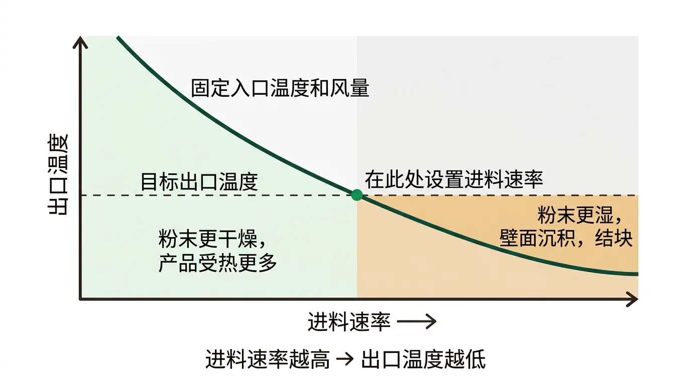 图表显示：进风温度和风量固定时，出风温度随进料量升高而下降，目标出风温度标出了进料量应设定的位置