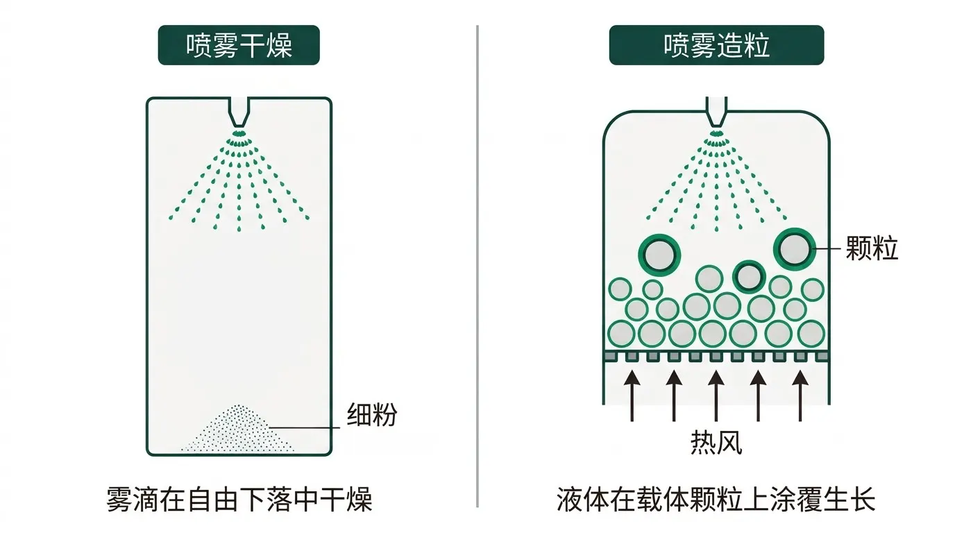 喷雾干燥与流化床喷雾造粒对比:液滴在自由下落中干燥,与在载体颗粒上逐层累积
