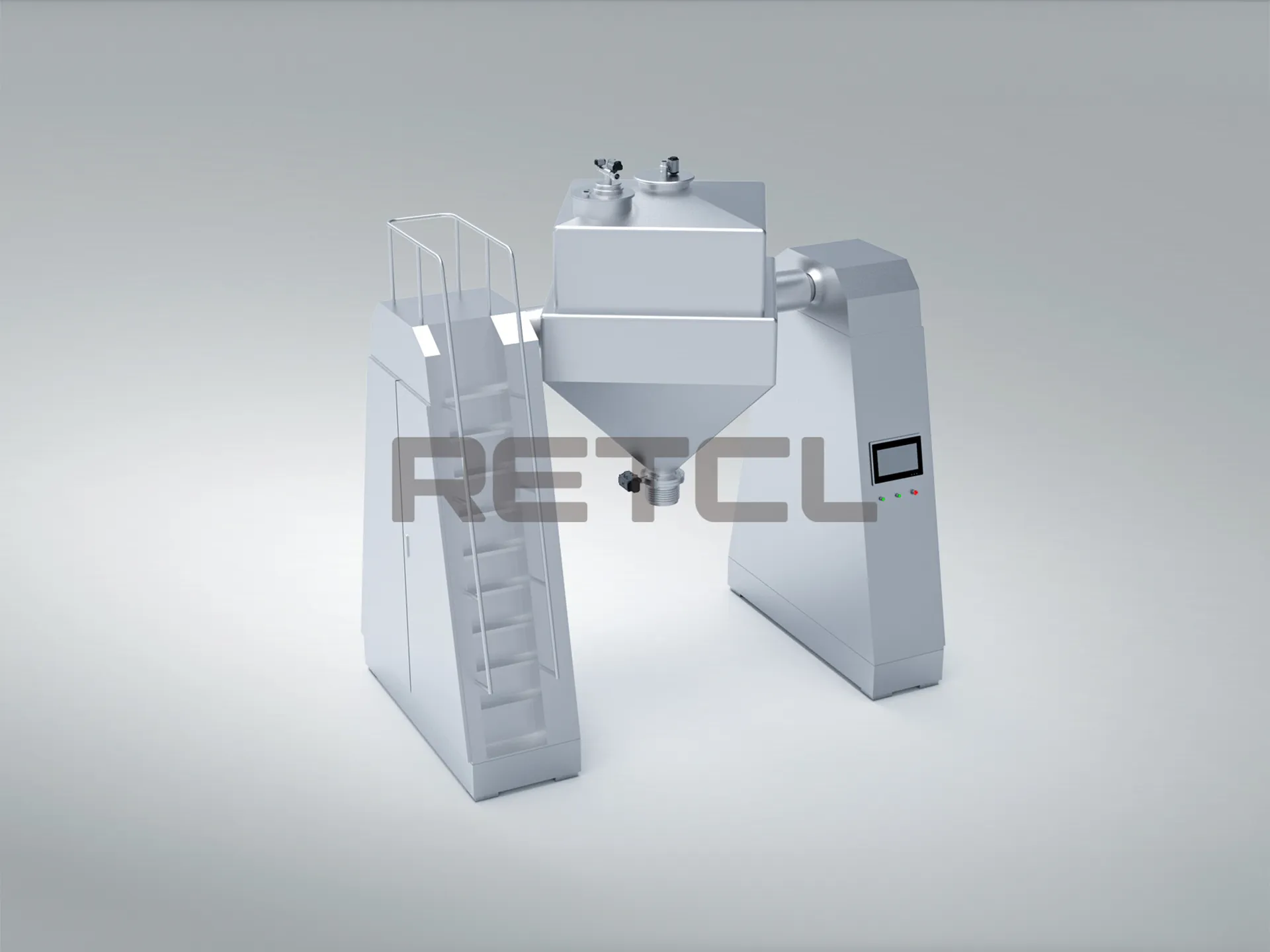 旋转锥形混合机在灰色背景下的3D渲染，展示了设备的不锈钢结构，配备了通梯和数字控制面板。