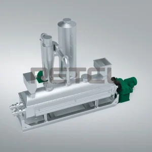 A modern Paddle Dryer with a cylindrical body, equipped with hollow blades and green motors, set against a clean, neutral background.