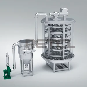 A 3D rendered image of a Plate Dryer system with multiple drying plates housed within a clear cylindrical body, complete with feed hoppers and a green motor.