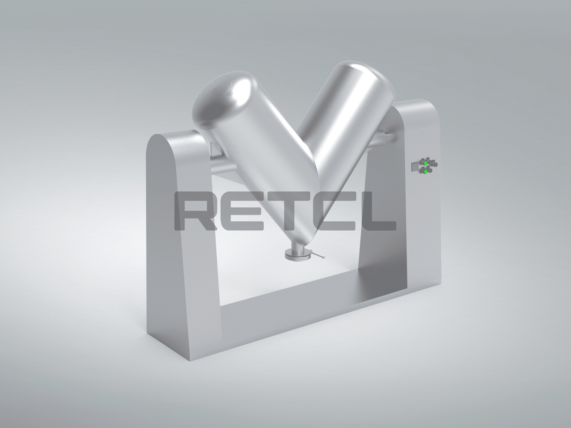 一幅银色V型混合机的3D渲染图，背景为灰色，前面展示着“RETEL”字样。