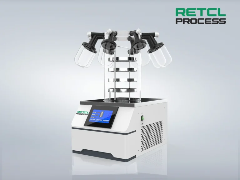 A benchtop freeze dryer with multiple flask attachments, digital control panel, and RETCL PROCESS branding, set against a clean, grey background.