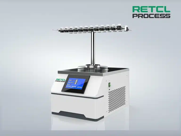 Benchtop Freeze Dryer with digital display and multiple-sample manifold attachment, branded by RETL PROCESS, against a grey background.