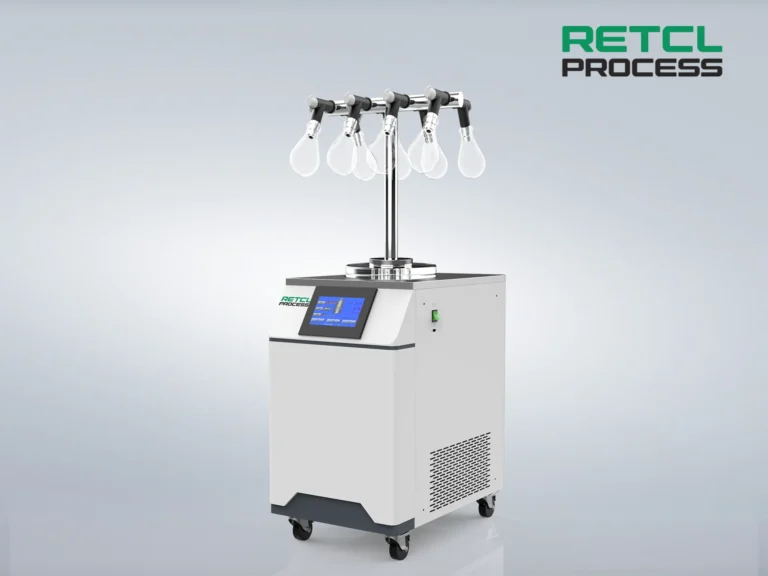 A modern benchtop freeze dryer with a vertical design, featuring multiple flask attachments, touch screen interface, and a sleek white and gray casing labeled RETCL PROCESS.