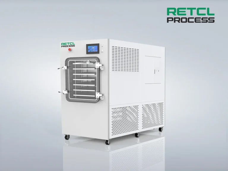 RETCL Process Pilot Freeze Dryer with touchscreen control panel and stainless steel drying chamber on a white background.