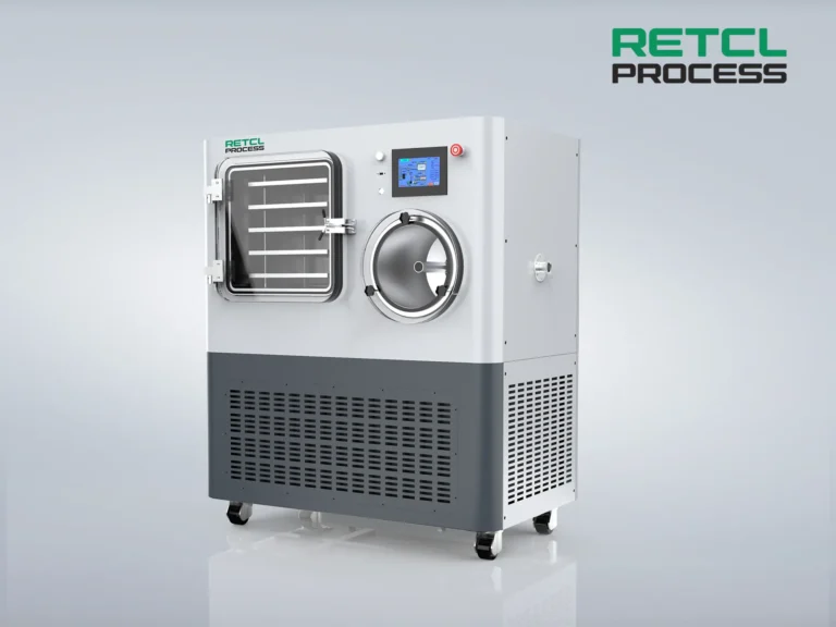 Retcl Process pilot-scale freeze dryer with digital control panel for pharmaceutical and biotech research and development applications.