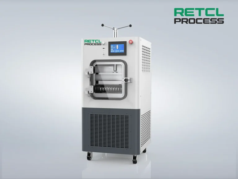 Retcl Process Pilot Freeze Dryer for laboratory or small-scale production, featuring a compact design with touch screen control panel and condenser chamber.