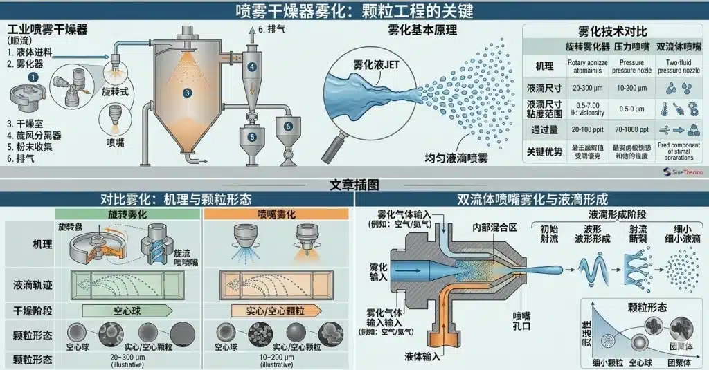 展示了喷雾干燥机雾化机制，包括旋转盘雾化器、压力喷嘴和双流体喷嘴的液滴尺寸分布。