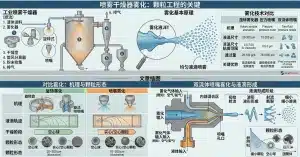 展示了喷雾干燥机雾化机制，包括旋转盘雾化器、压力喷嘴和双流体喷嘴的液滴尺寸分布。