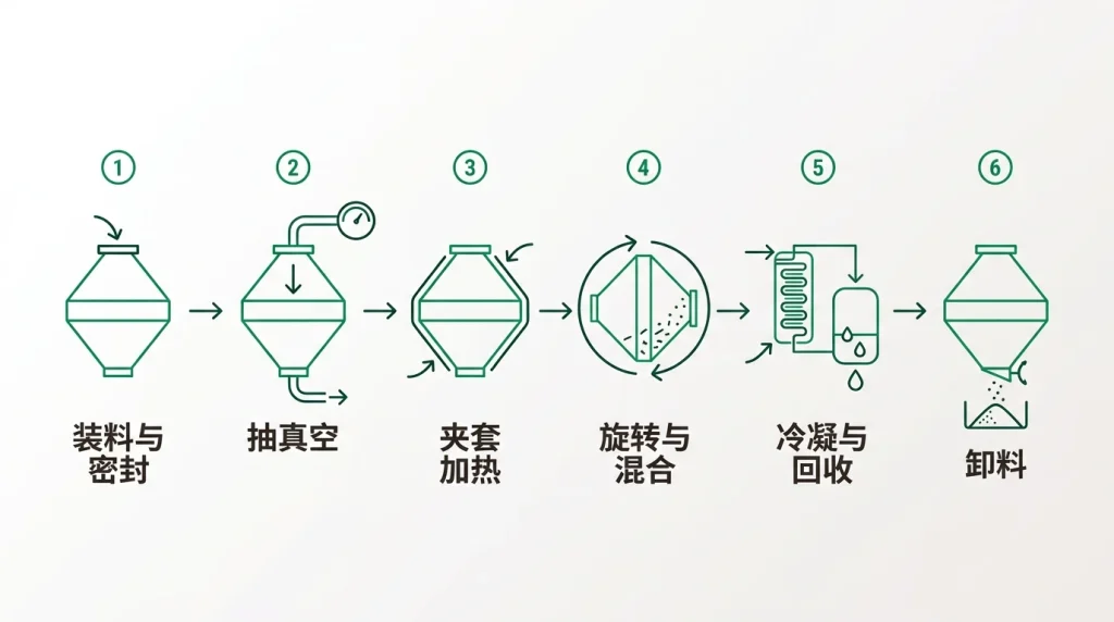 旋转锥形真空干燥机六步操作流程：装料密封、抽真空、夹套加热、旋转翻腾、蒸气冷凝回收、出料”