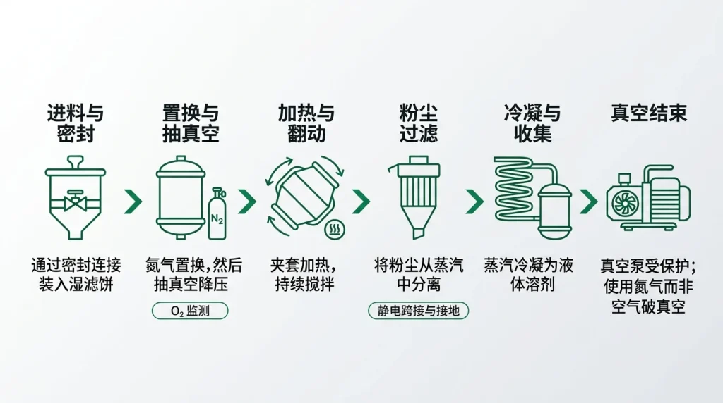 真空旋转干燥器闭环溶剂回收流程图,包含除尘过滤器、冷凝器、接收罐、真空泵及氮气吹扫系统