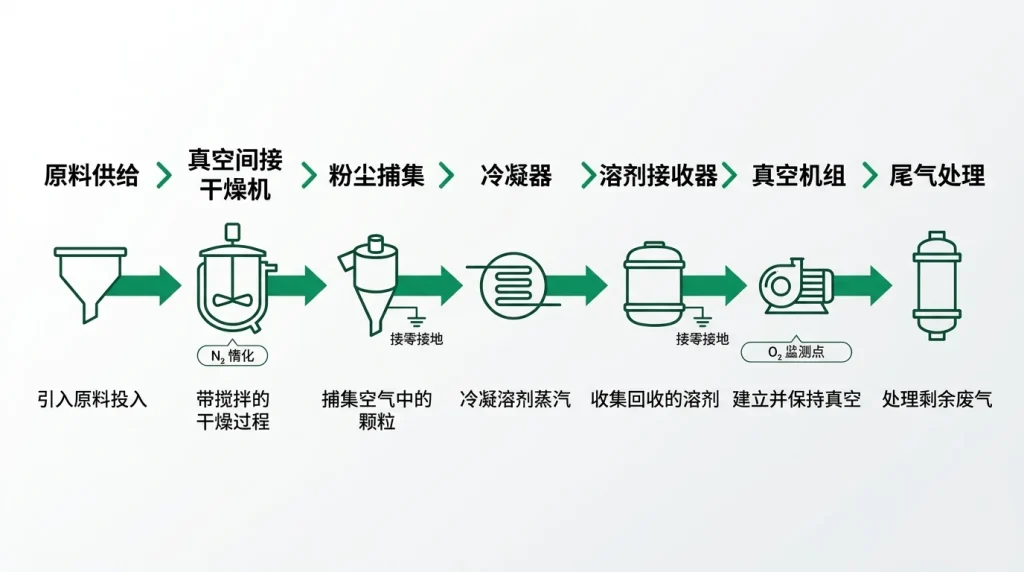 黑料真空干燥工艺流程图，包含粉尘捕集、溶剂冷凝、真空机组及尾气洗涤系统