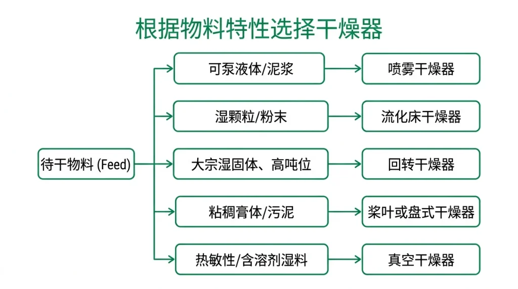 根据原料特性匹配工业干燥机类型的决策流程图